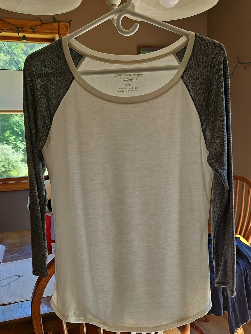 American Eagle Outfitters White Body with Silver Sparkle Sleeves Long Sleeve Tee